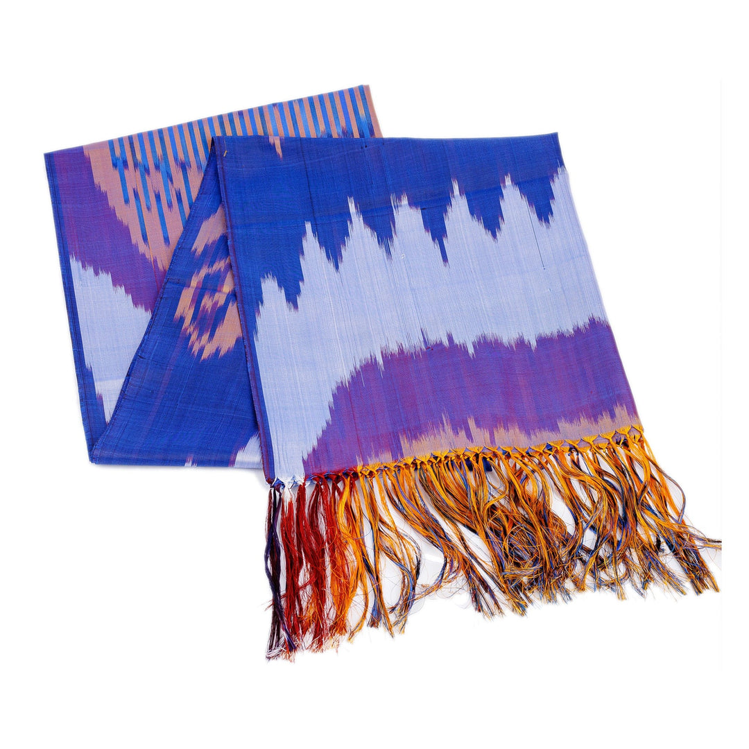 Handwoven Ikat Patterned Purple and Blue Silk Scarf - Royal Twilight