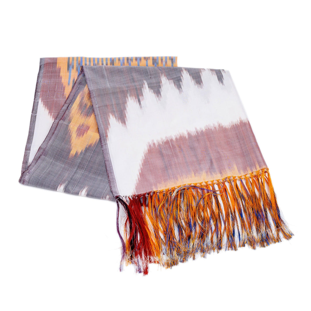 Handwoven Ikat Patterned Warm-Toned Silk Scarf - Royal Summer