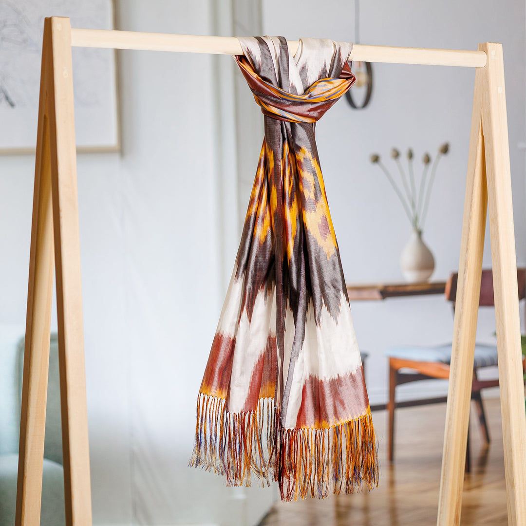 Handwoven Ikat Patterned Warm-Toned Silk Scarf - Royal Summer
