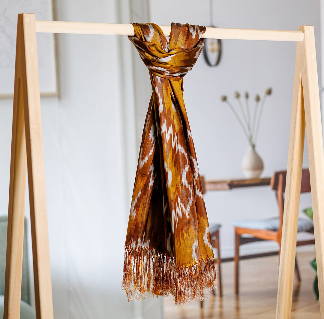 Handloomed Ikat Patterned Soft Silk Scarf in Yellow Hues - Summer Halo