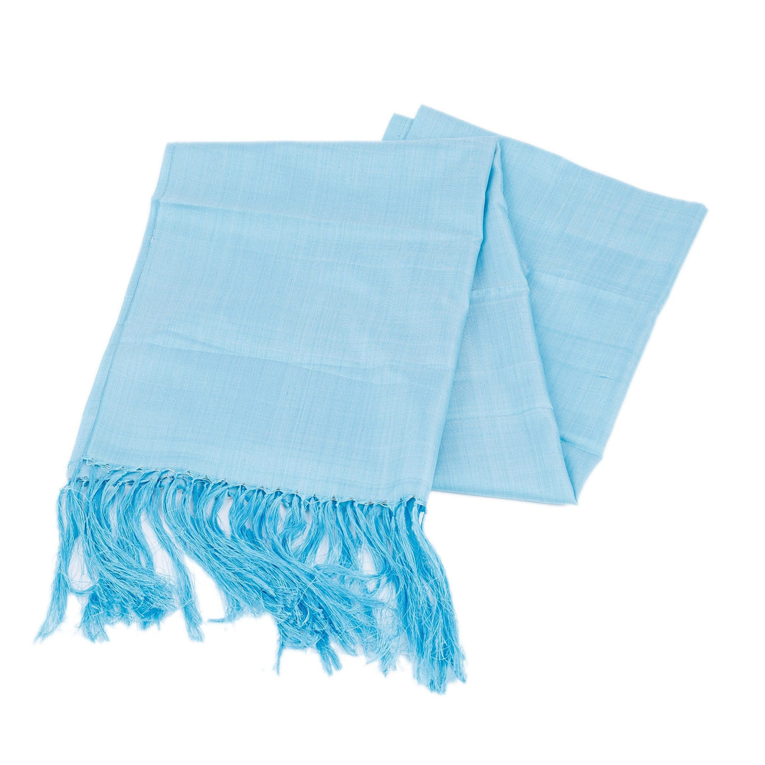 Handwoven Soft Blue 100% Silk Scarf with Fringes - The Blue Dame