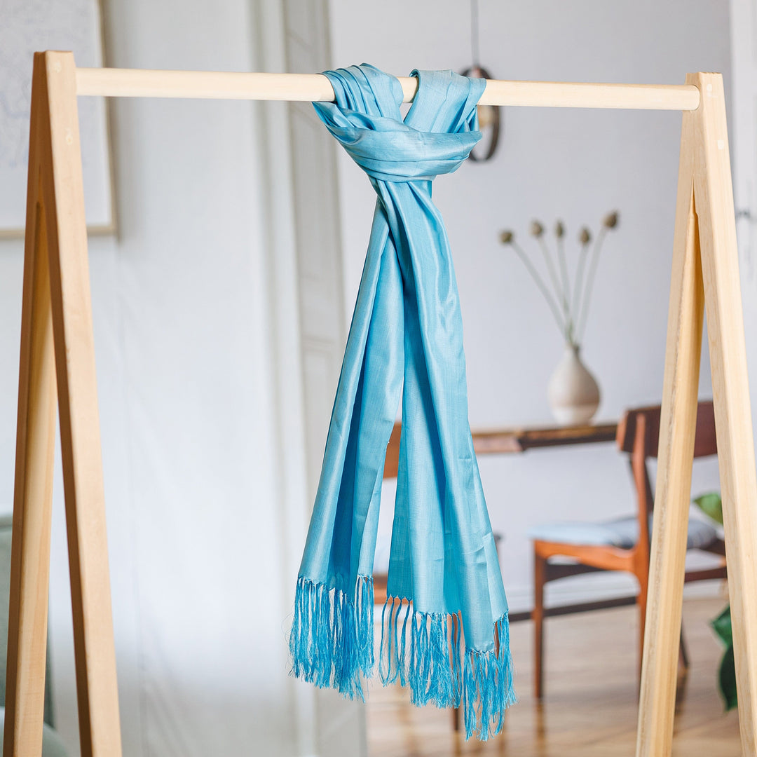 Handwoven Soft Blue 100% Silk Scarf with Fringes - The Blue Dame