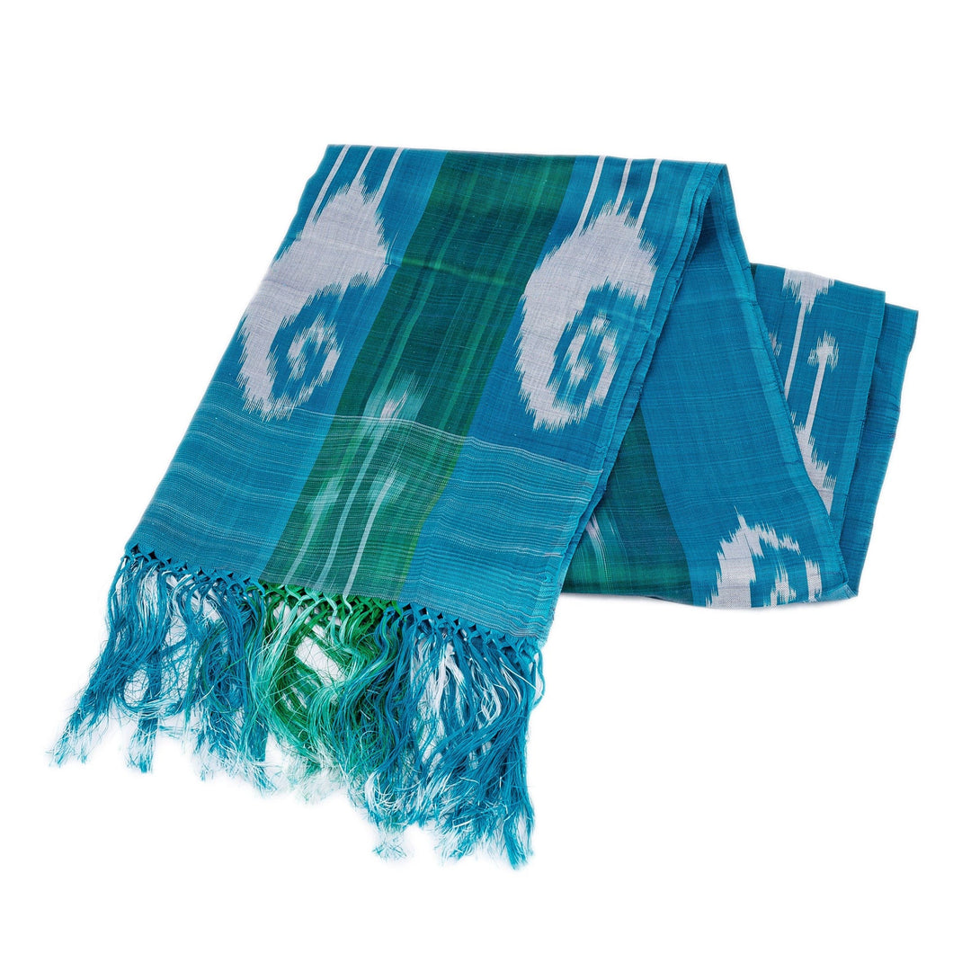 Handloomed Turquoise and Green Ikat Patterned Silk Scarf - Lagoon Road