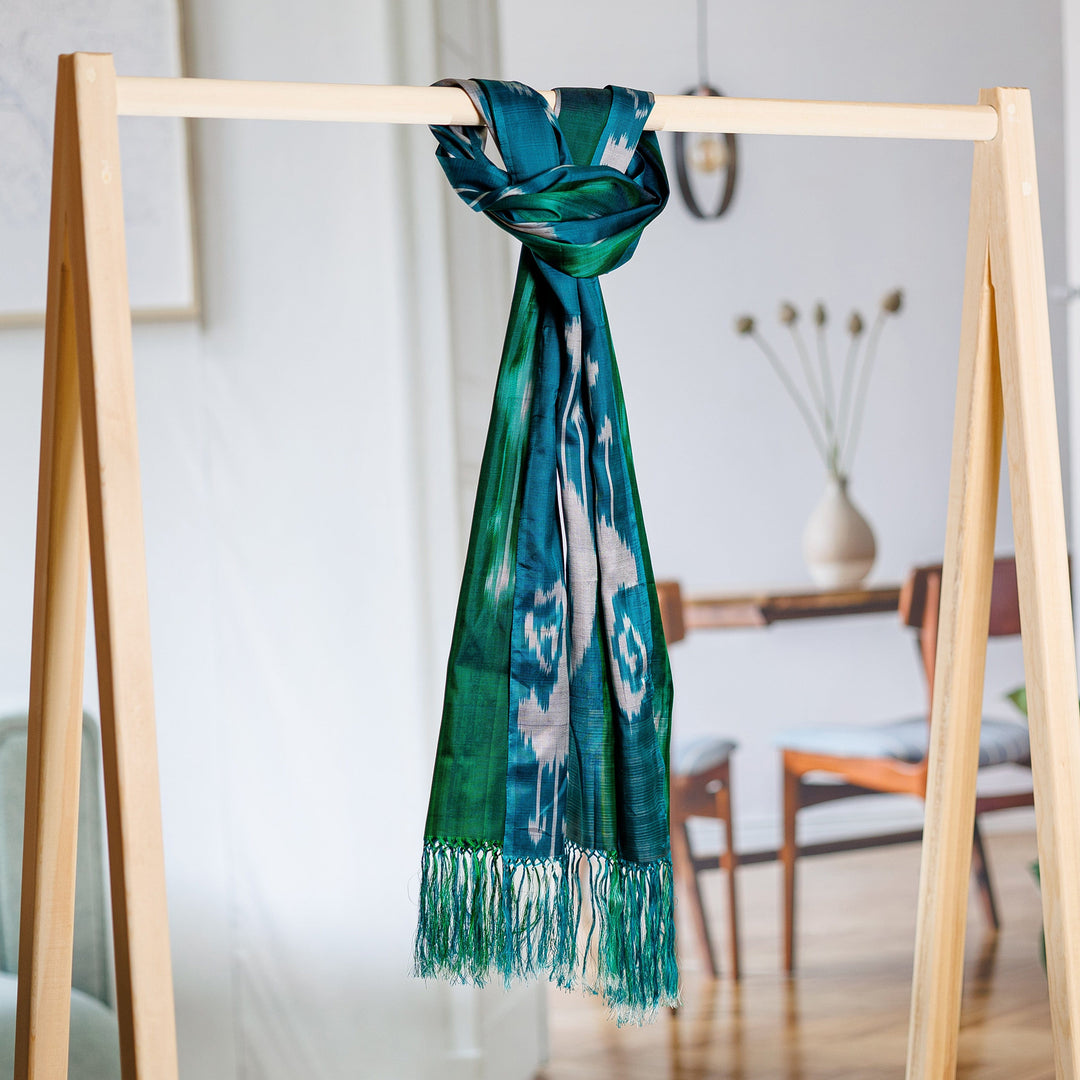 Handloomed Turquoise and Green Ikat Patterned Silk Scarf - Lagoon Road