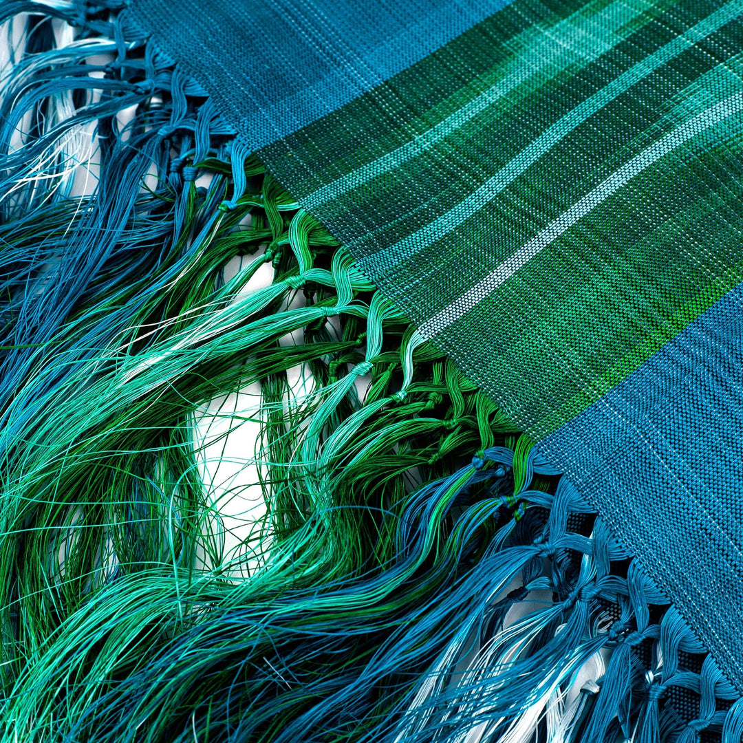 Handloomed Turquoise and Green Ikat Patterned Silk Scarf - Lagoon Road