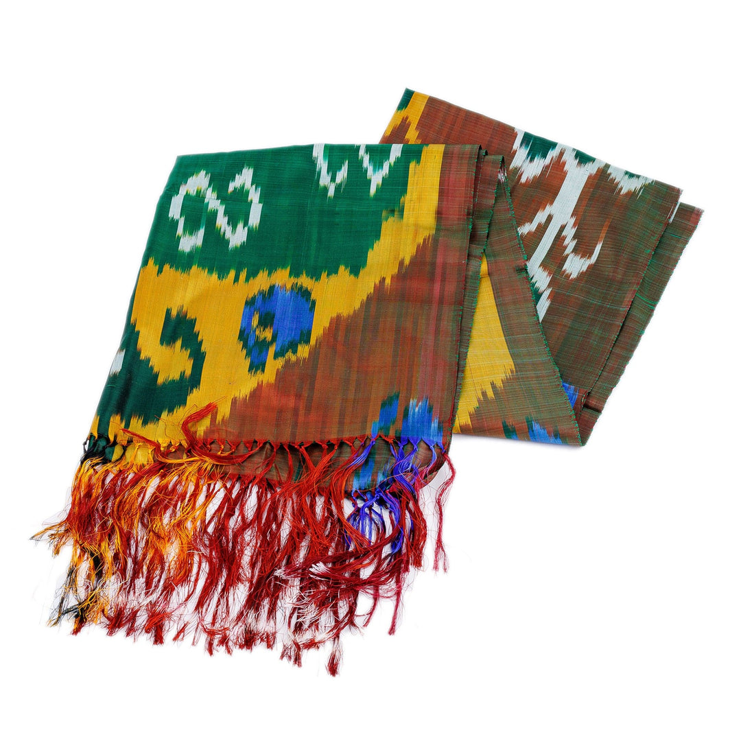 Traditional Handwoven Colorful Ikat Patterned Silk Scarf - Kingdom Beauty