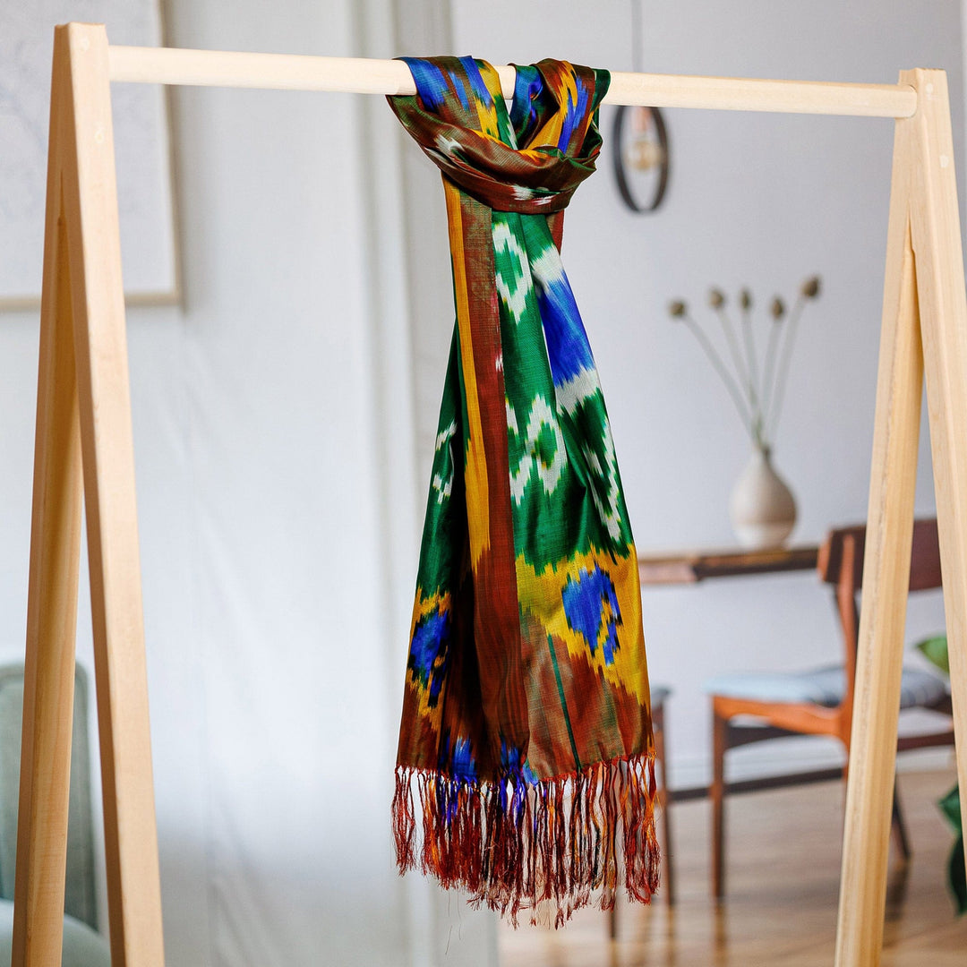 Traditional Handwoven Colorful Ikat Patterned Silk Scarf - Kingdom Beauty