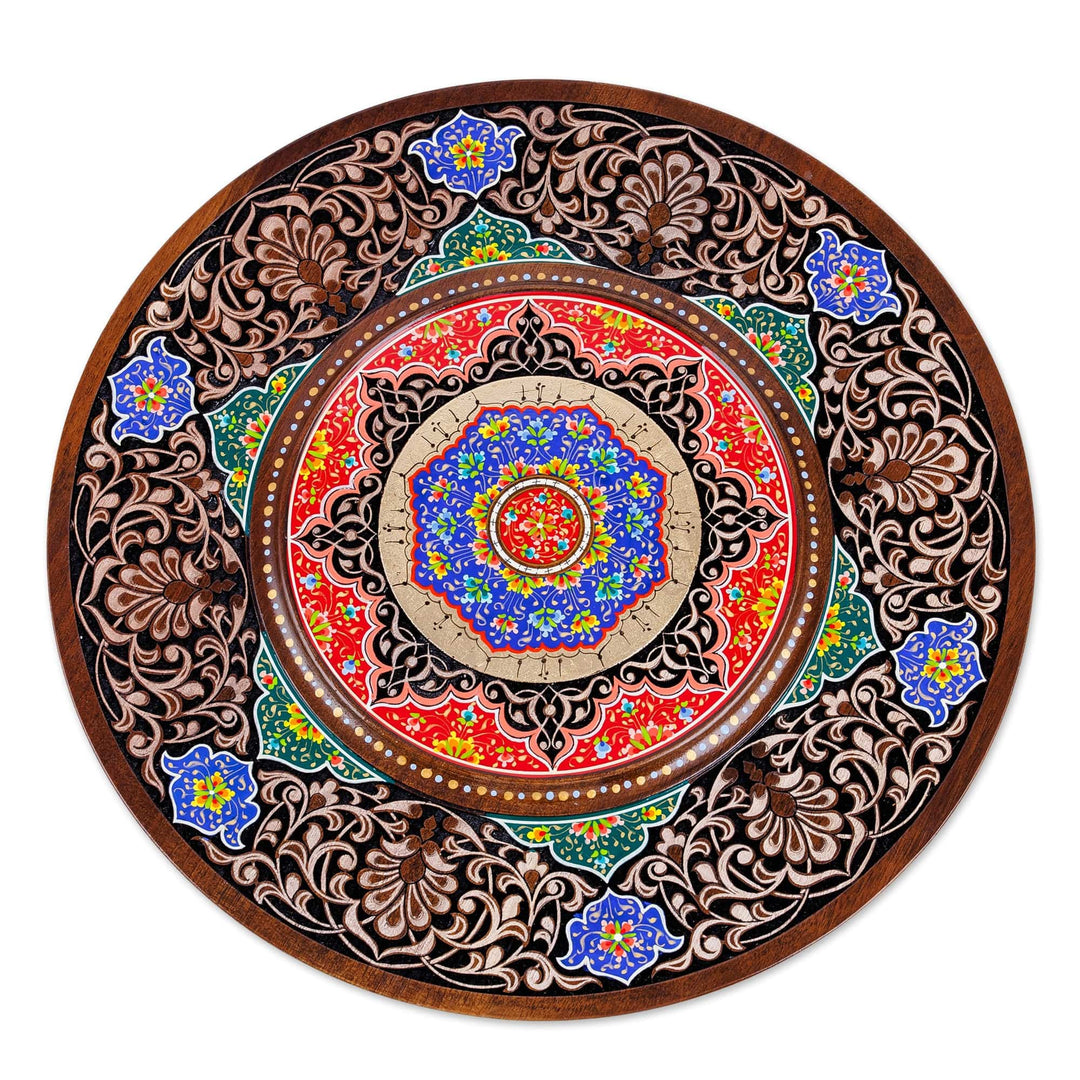 Handmade Lacquered Blue and Red Floral Walnut Wood Wall Art - Samarkand Treasure