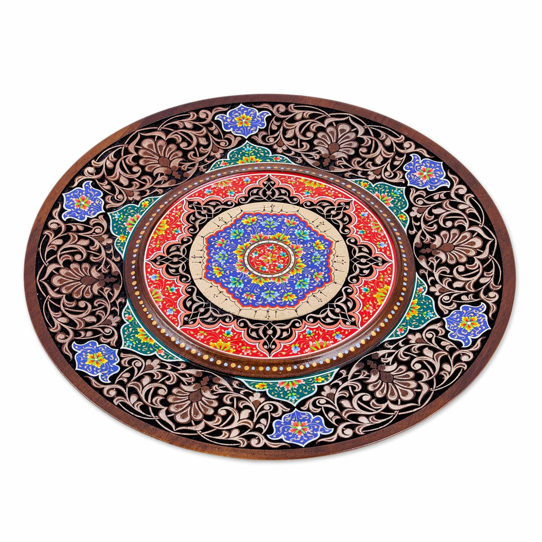Handmade Lacquered Blue and Red Floral Walnut Wood Wall Art - Samarkand Treasure
