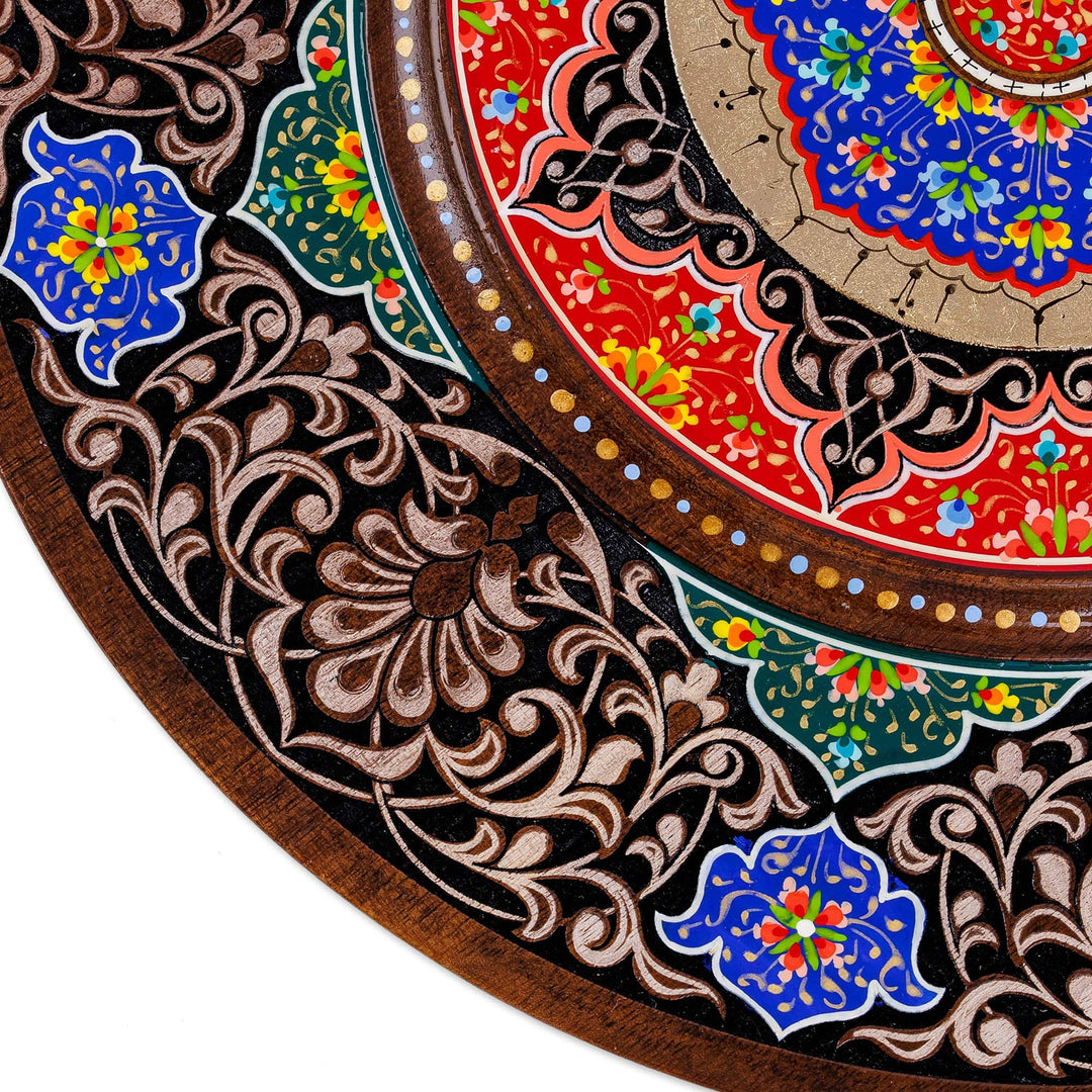 Handmade Lacquered Blue and Red Floral Walnut Wood Wall Art - Samarkand Treasure