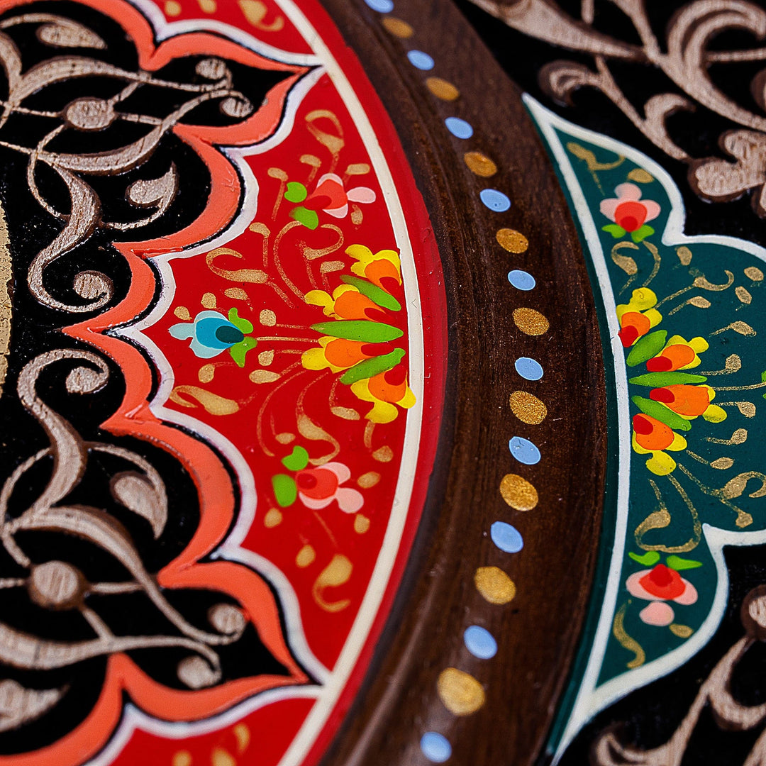 Handmade Lacquered Blue and Red Floral Walnut Wood Wall Art - Samarkand Treasure