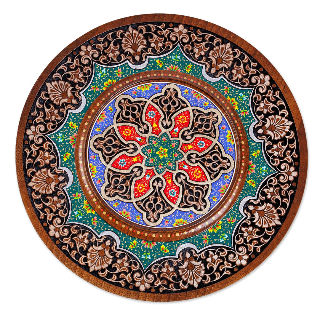 Hand-Carved Lacquered Floral Walnut Wood Wall Art - Samarkand Splendor