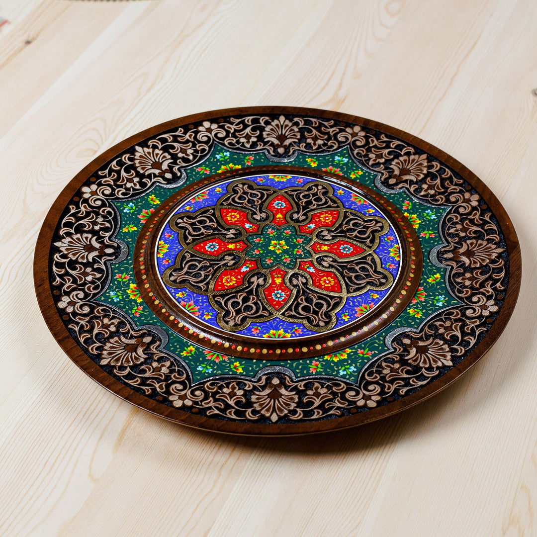 Hand-Carved Lacquered Floral Walnut Wood Wall Art - Samarkand Splendor