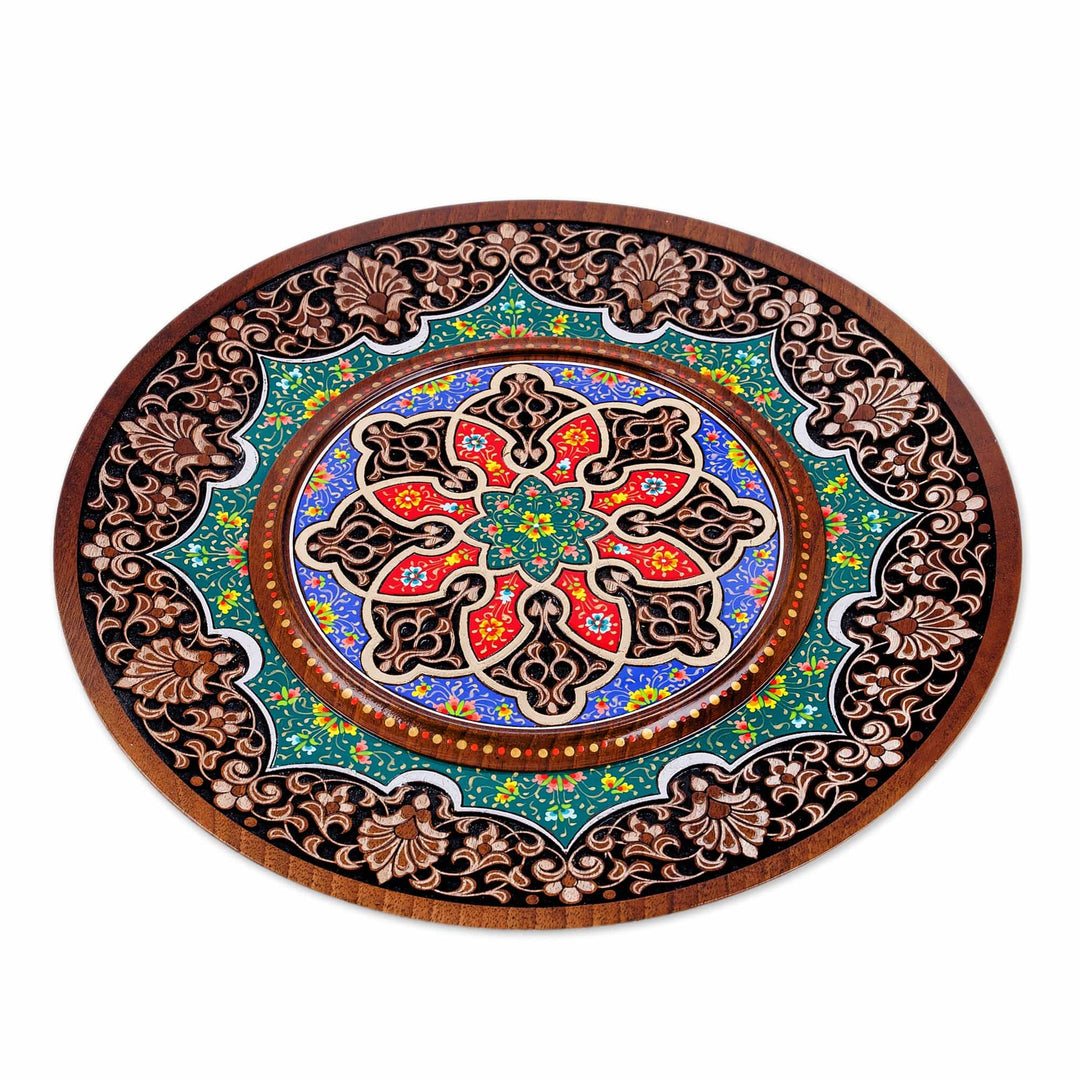 Hand-Carved Lacquered Floral Walnut Wood Wall Art - Samarkand Splendor