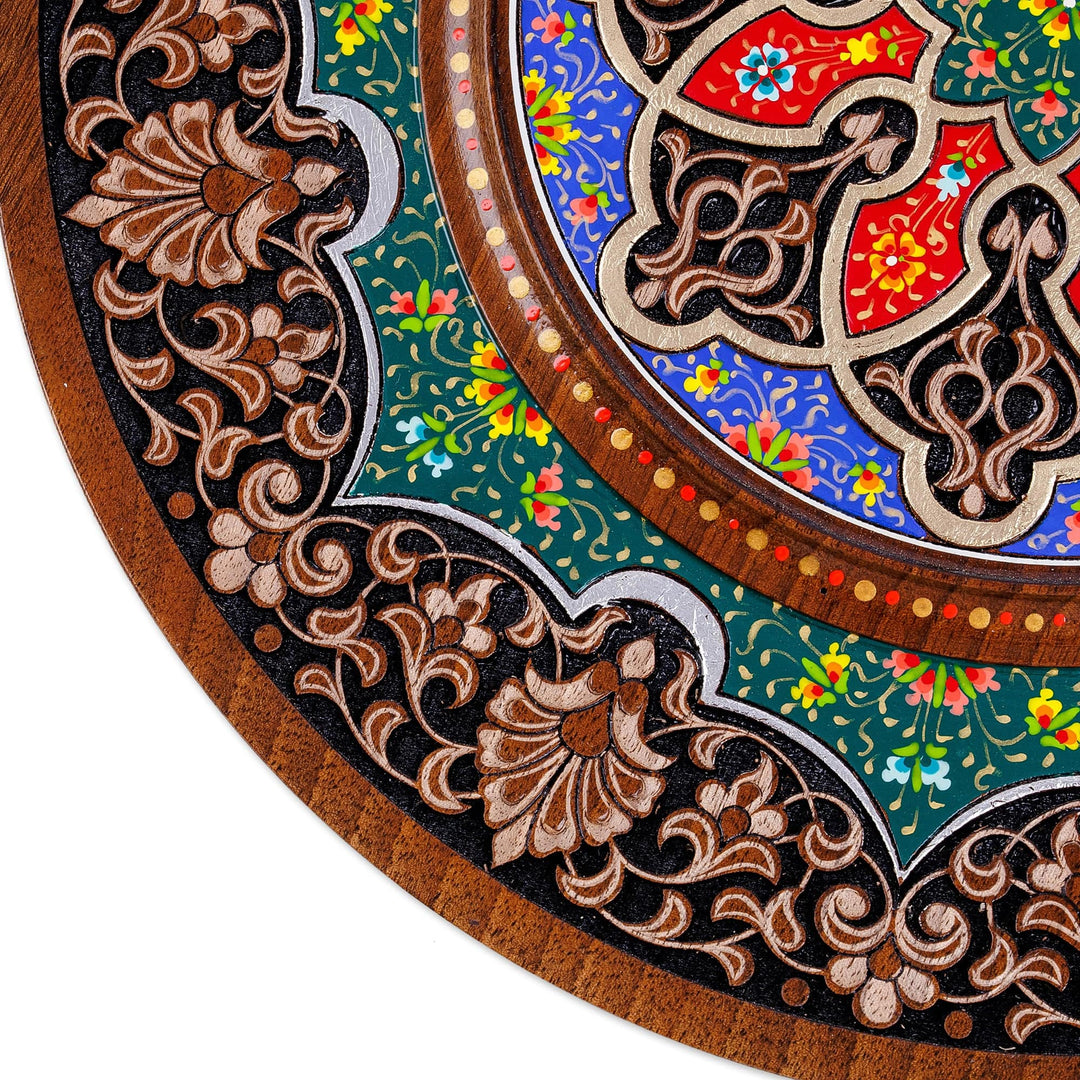 Hand-Carved Lacquered Floral Walnut Wood Wall Art - Samarkand Splendor