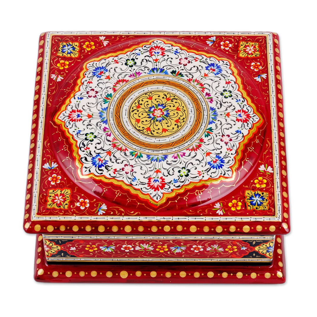 Floral Red and White Wood and Papier Mache Jewelry Box - Floral Eden in White
