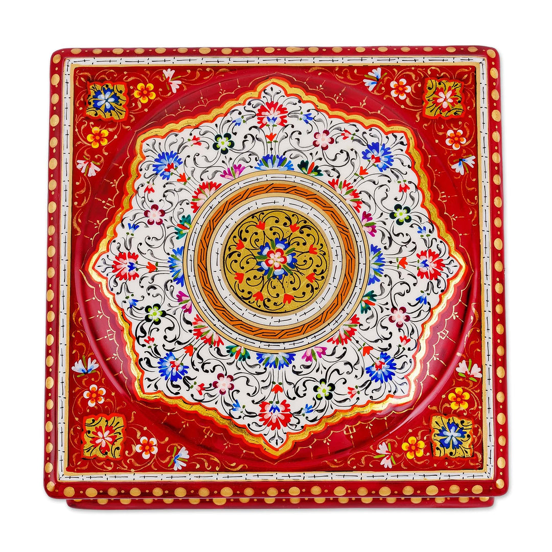 Floral Red and White Wood and Papier Mache Jewelry Box - Floral Eden in White