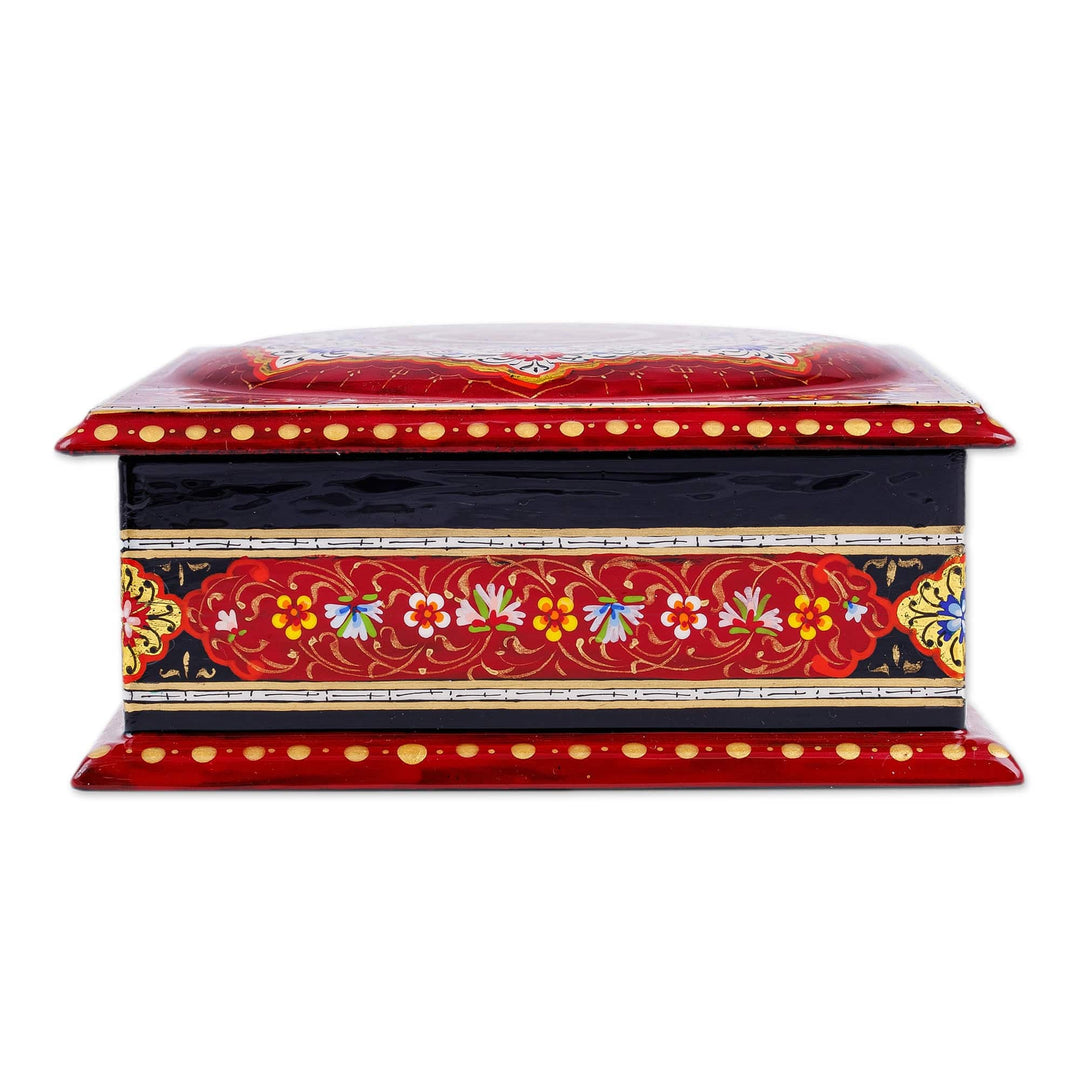 Floral Red and White Wood and Papier Mache Jewelry Box - Floral Eden in White