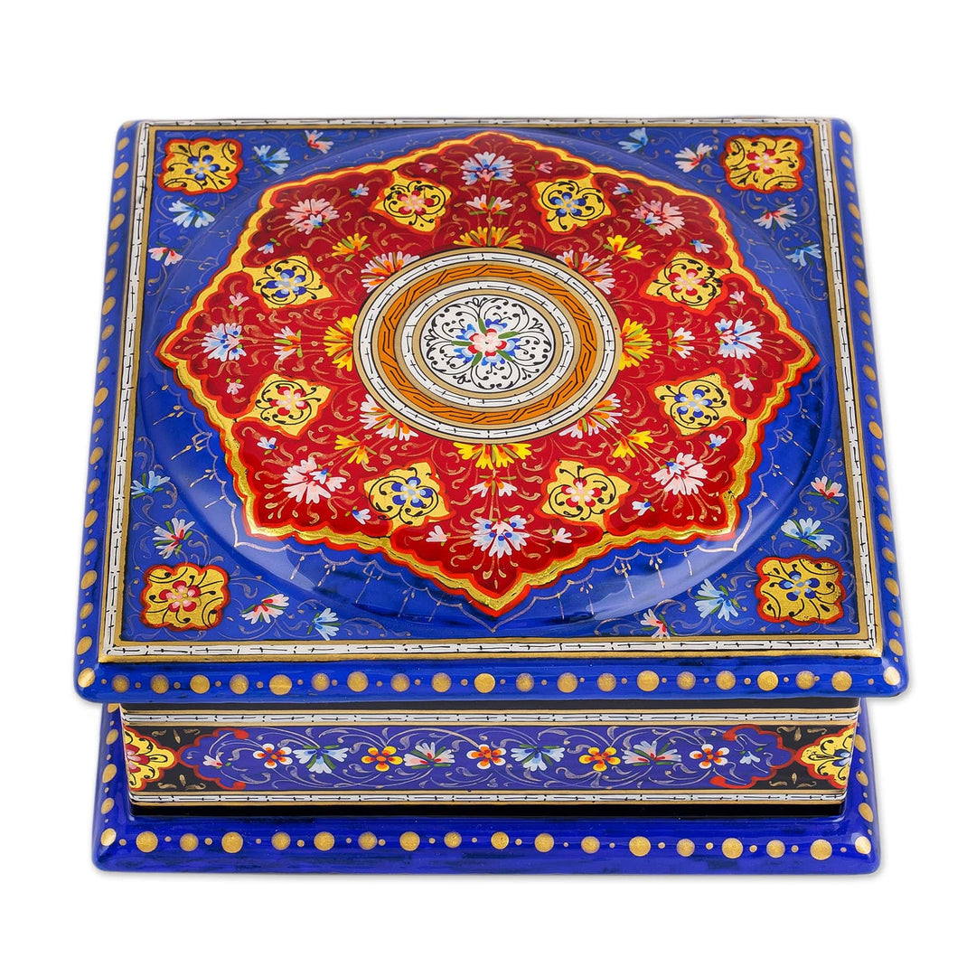 Floral Blue Walnut Wood and Papier Mache Jewelry Box - Floral Eden in Blue
