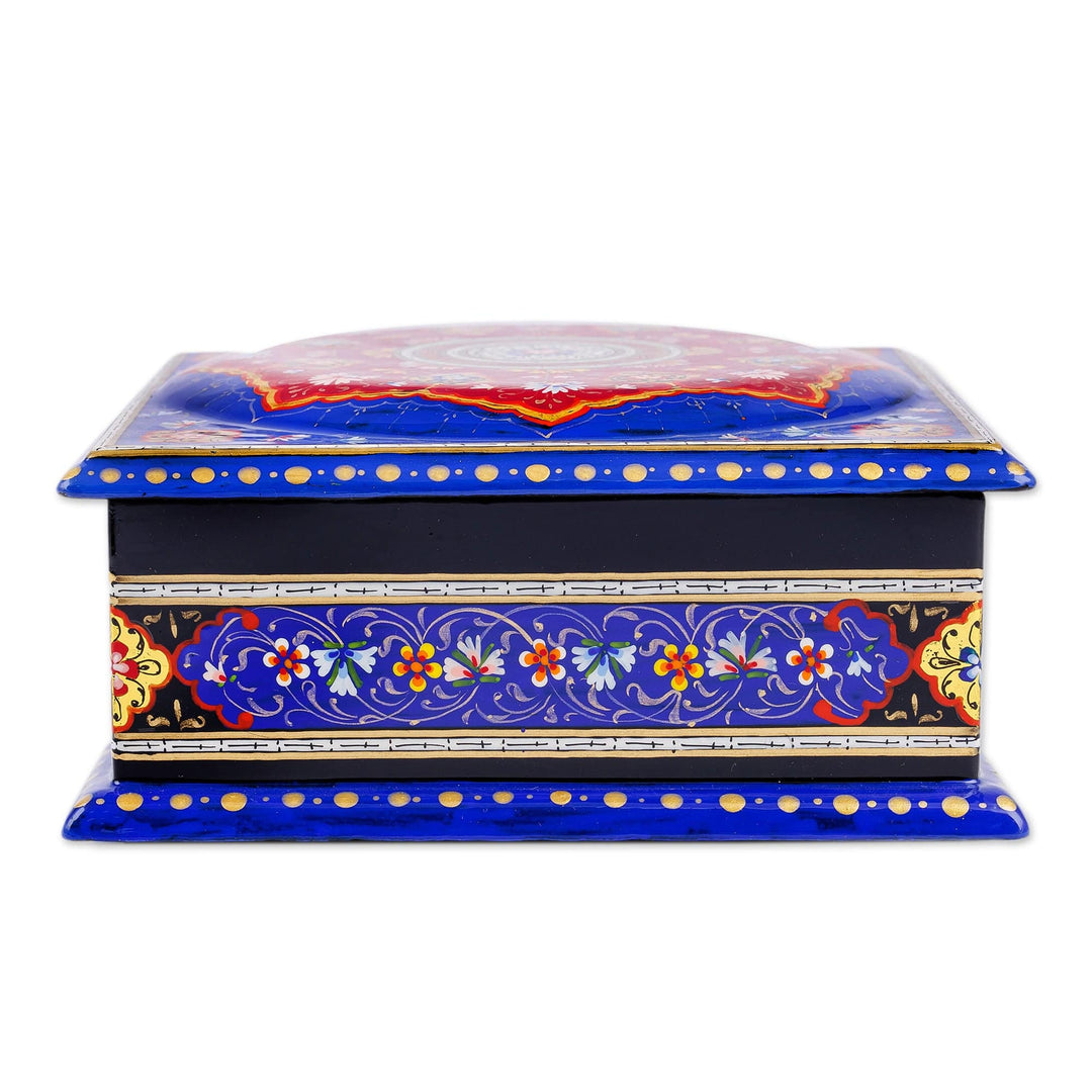 Floral Blue Walnut Wood and Papier Mache Jewelry Box - Floral Eden in Blue