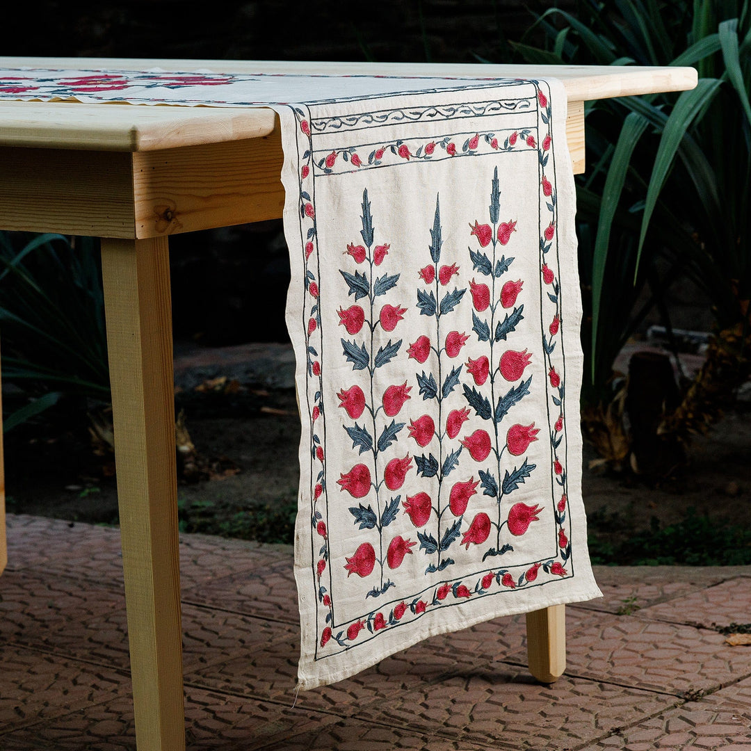Embroidered Pomegranate-Themed Cotton Table Runner - Pomegranates