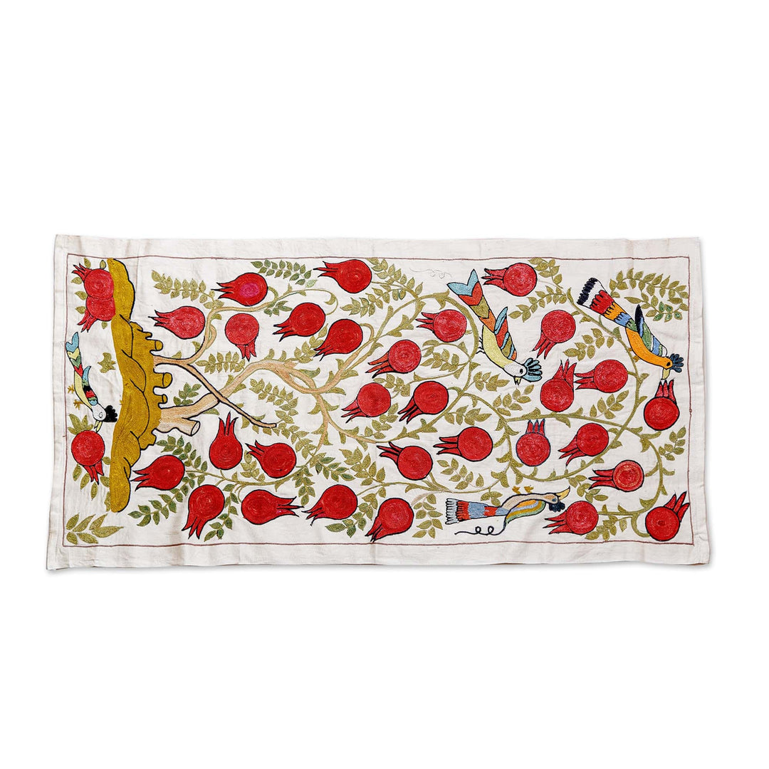 Classic Suzani-Embroidered Pomegranate Cotton Table Runner - Passionate Nature