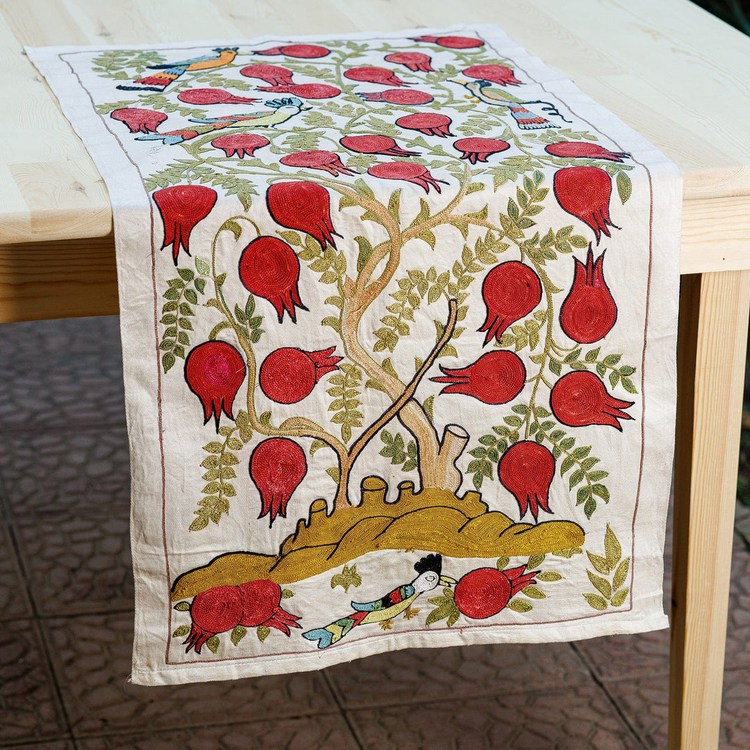 Classic Suzani-Embroidered Pomegranate Cotton Table Runner - Passionate Nature
