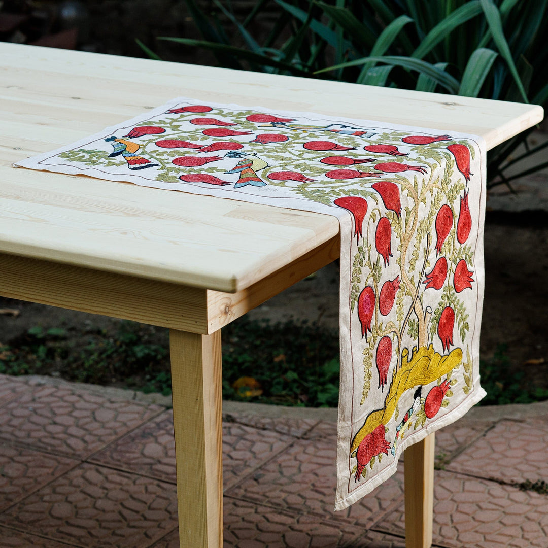 Classic Suzani-Embroidered Pomegranate Cotton Table Runner - Passionate Nature