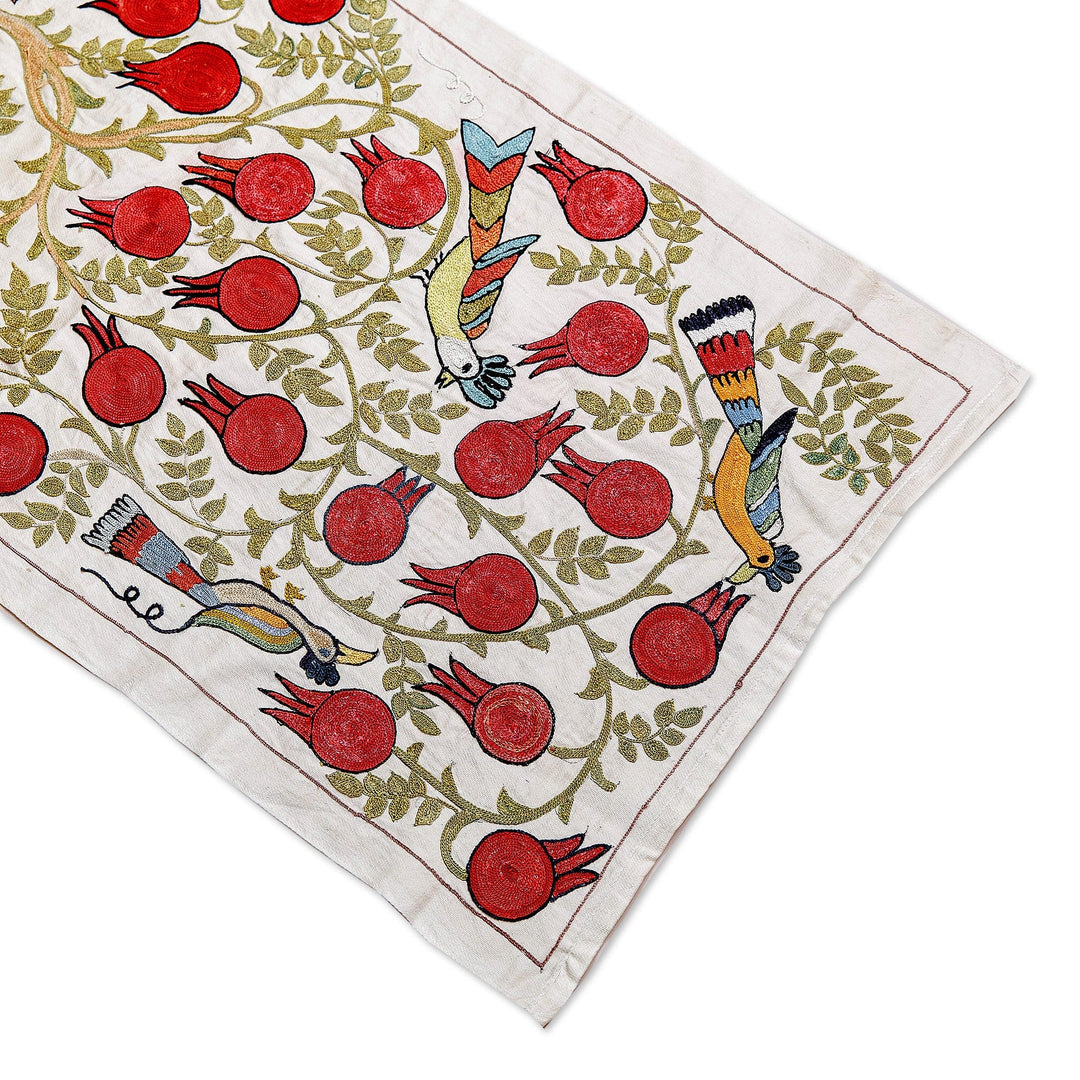 Classic Suzani-Embroidered Pomegranate Cotton Table Runner - Passionate Nature