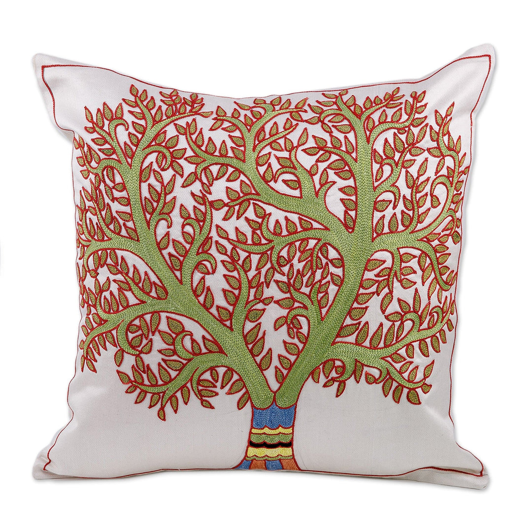 Tree-Themed Embroidered Silk Cushion Cover in Green and Red - Arcadia's Tree