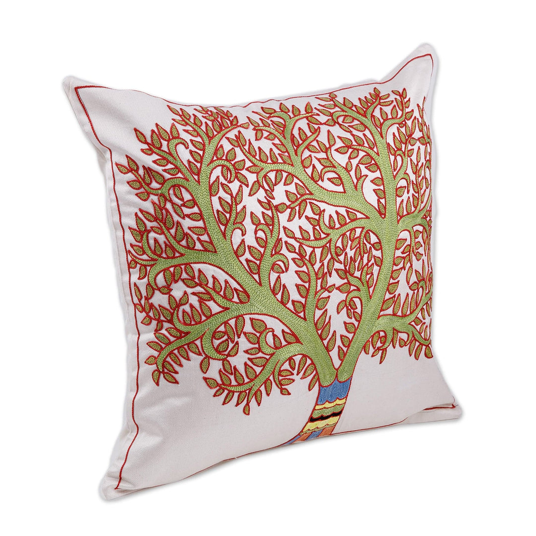 Tree-Themed Embroidered Silk Cushion Cover in Green and Red - Arcadia's Tree