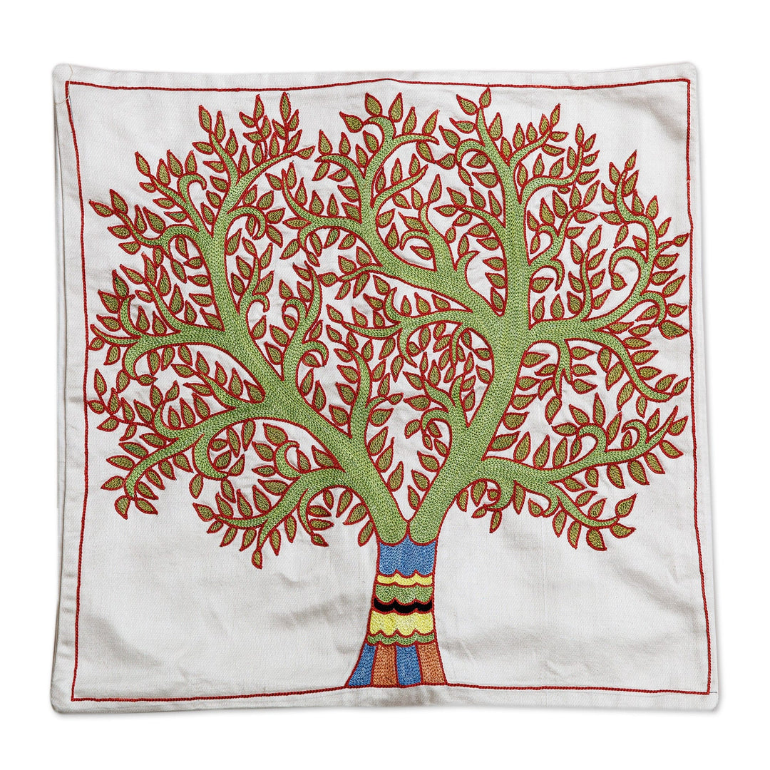 Tree-Themed Embroidered Silk Cushion Cover in Green and Red - Arcadia's Tree