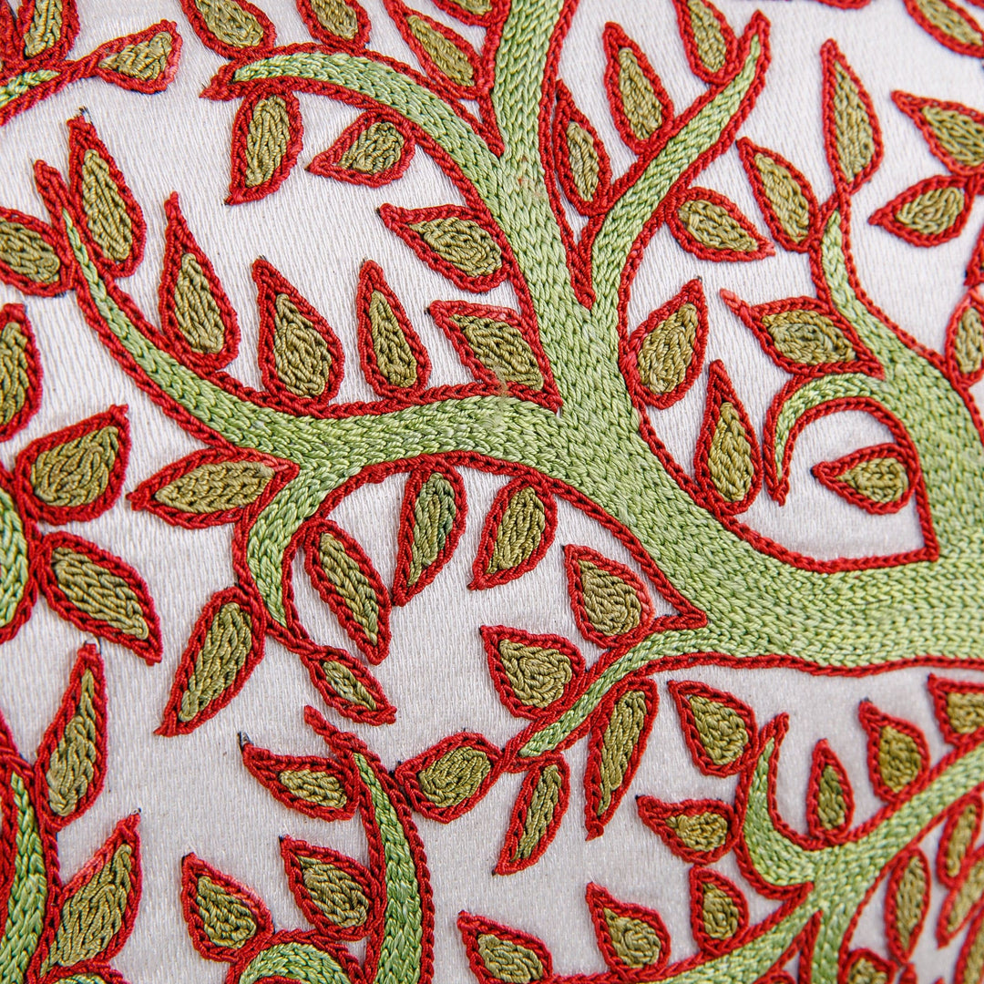 Tree-Themed Embroidered Silk Cushion Cover in Green and Red - Arcadia's Tree