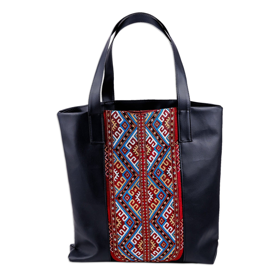 Faux Leather Shoulder Bag with Turkmen Embroidered Pattern - Dame of Bukhara