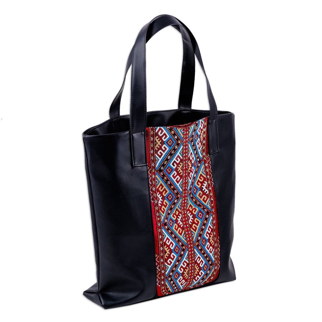 Faux Leather Shoulder Bag with Turkmen Embroidered Pattern - Dame of Bukhara