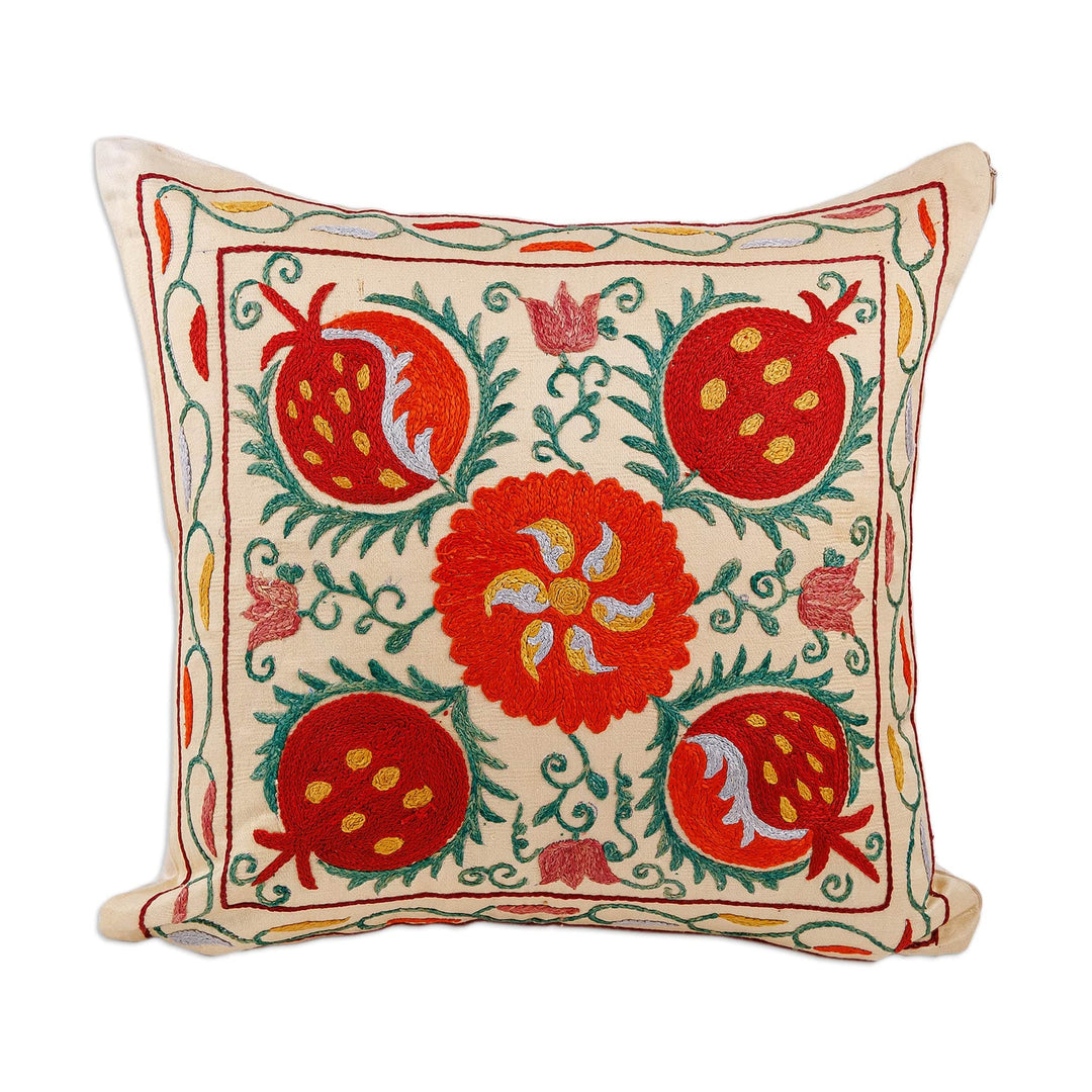 Classic Embroidered Red and Green Silk Cushion Cover - Fruitful Passion