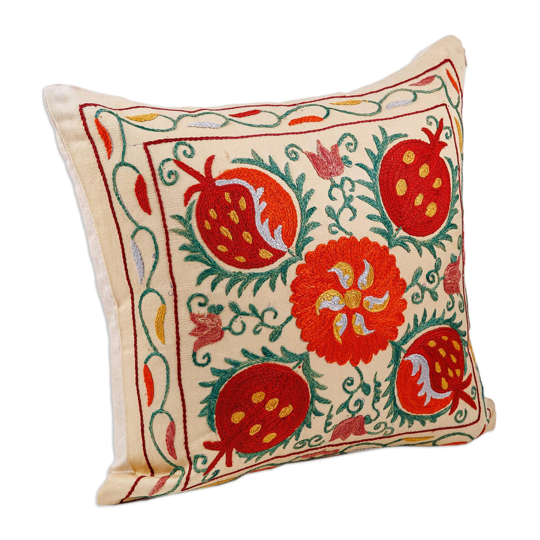 Classic Embroidered Red and Green Silk Cushion Cover - Fruitful Passion