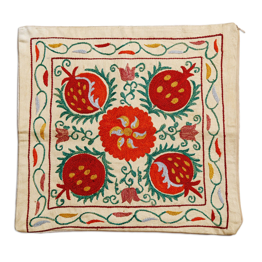 Classic Embroidered Red and Green Silk Cushion Cover - Fruitful Passion