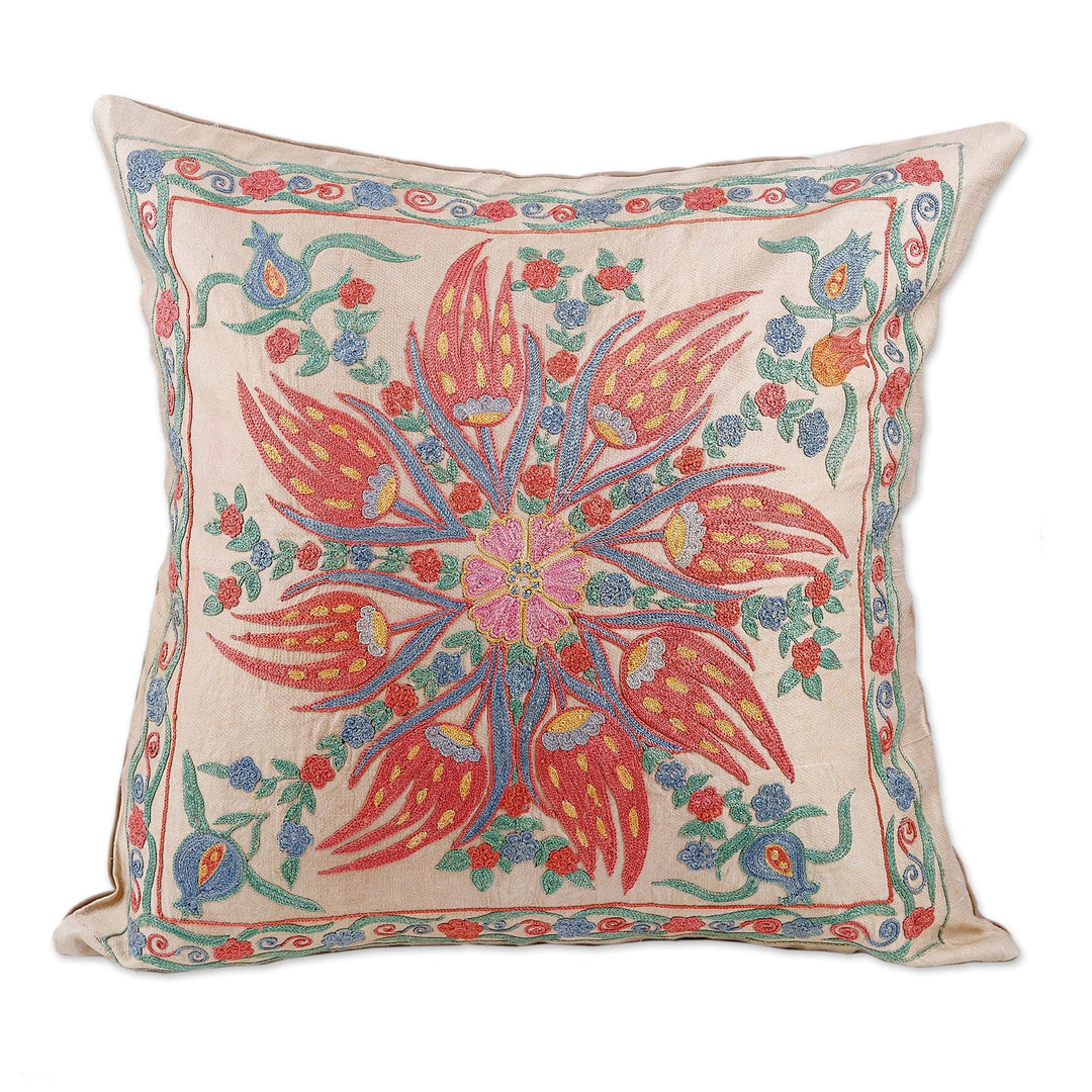 Classic Floral Embroidered Blue and Red Silk Cushion Cover - Floral Deity