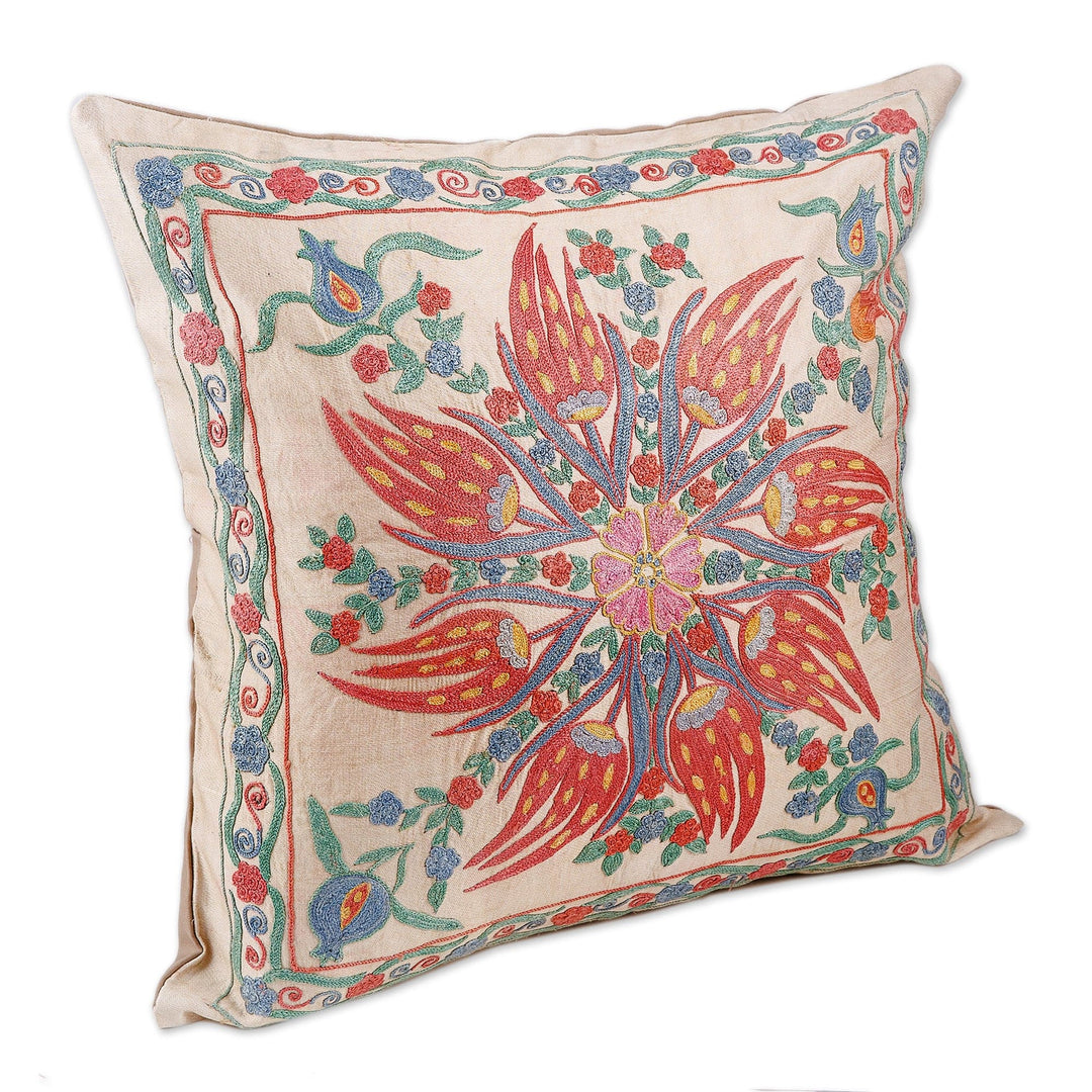 Classic Floral Embroidered Blue and Red Silk Cushion Cover - Floral Deity