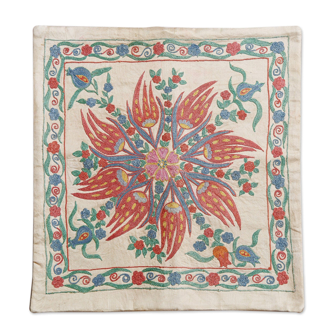 Classic Floral Embroidered Blue and Red Silk Cushion Cover - Floral Deity