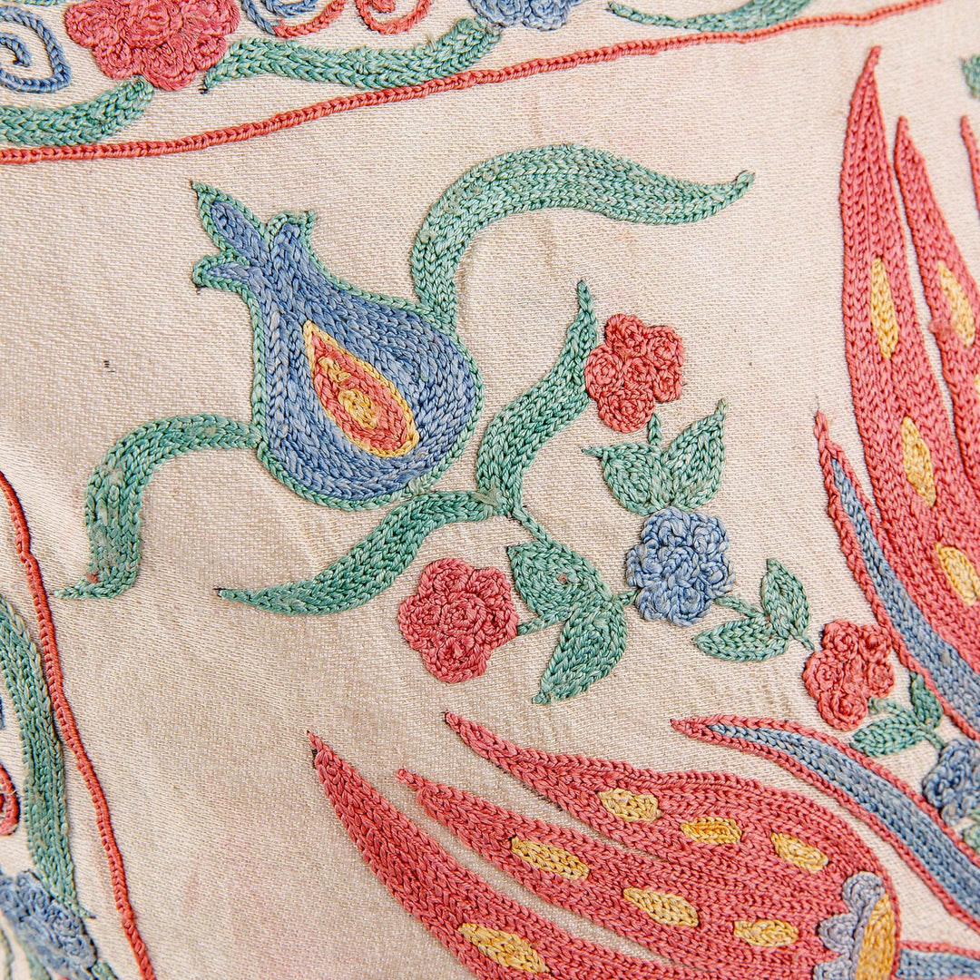 Classic Floral Embroidered Blue and Red Silk Cushion Cover - Floral Deity