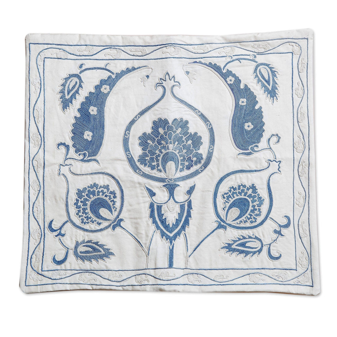 Classic Embroidered Blue and White Cotton Cushion Cover - Celestial Romance