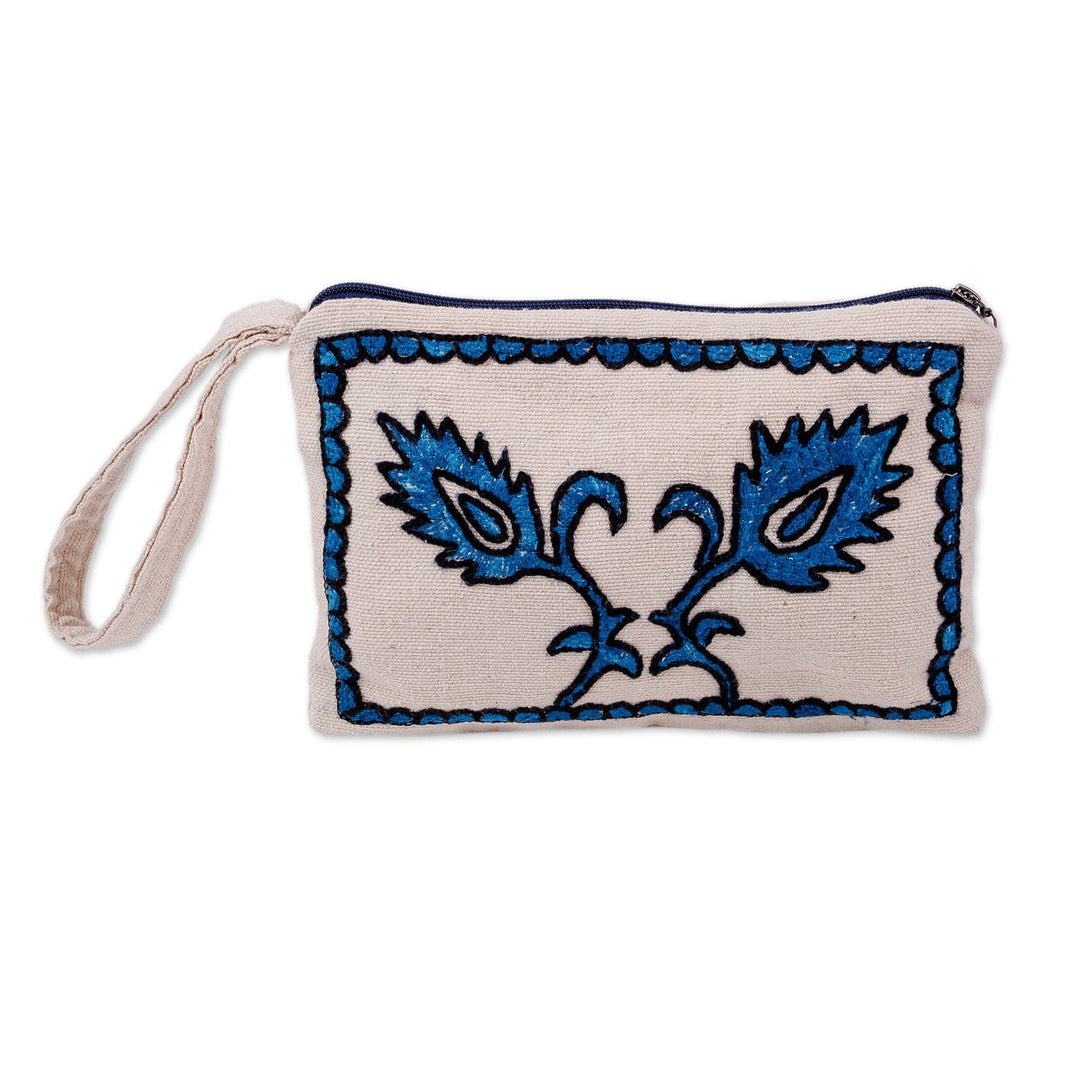 Suzani Embroidered Leafy Blue and White Cotton Toiletry Case - Magical Uzbekistan