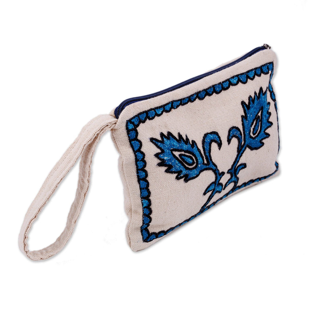 Suzani Embroidered Leafy Blue and White Cotton Toiletry Case - Magical Uzbekistan