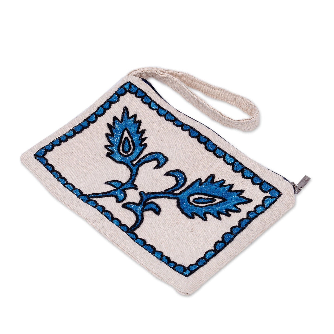 Suzani Embroidered Leafy Blue and White Cotton Toiletry Case - Magical Uzbekistan
