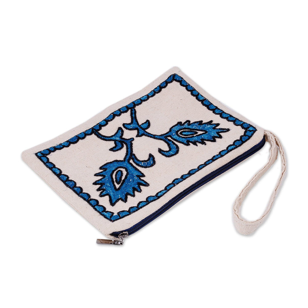 Suzani Embroidered Leafy Blue and White Cotton Toiletry Case - Magical Uzbekistan