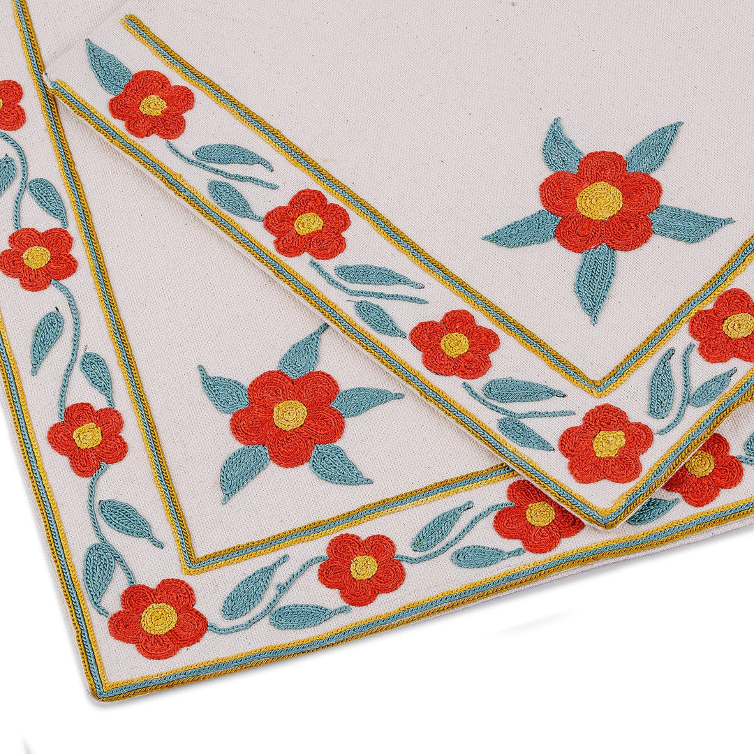 Set of 2 Embroidered Cotton Napkins in Red and Green Hues - Lovely Daisy