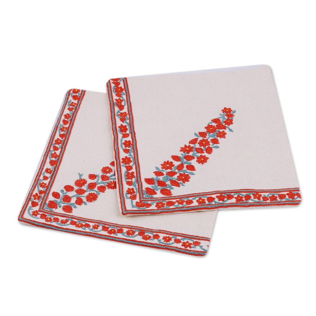 Set of 2 Embroidered Cotton Napkins with Red Floral Pattern - Spring of Romance