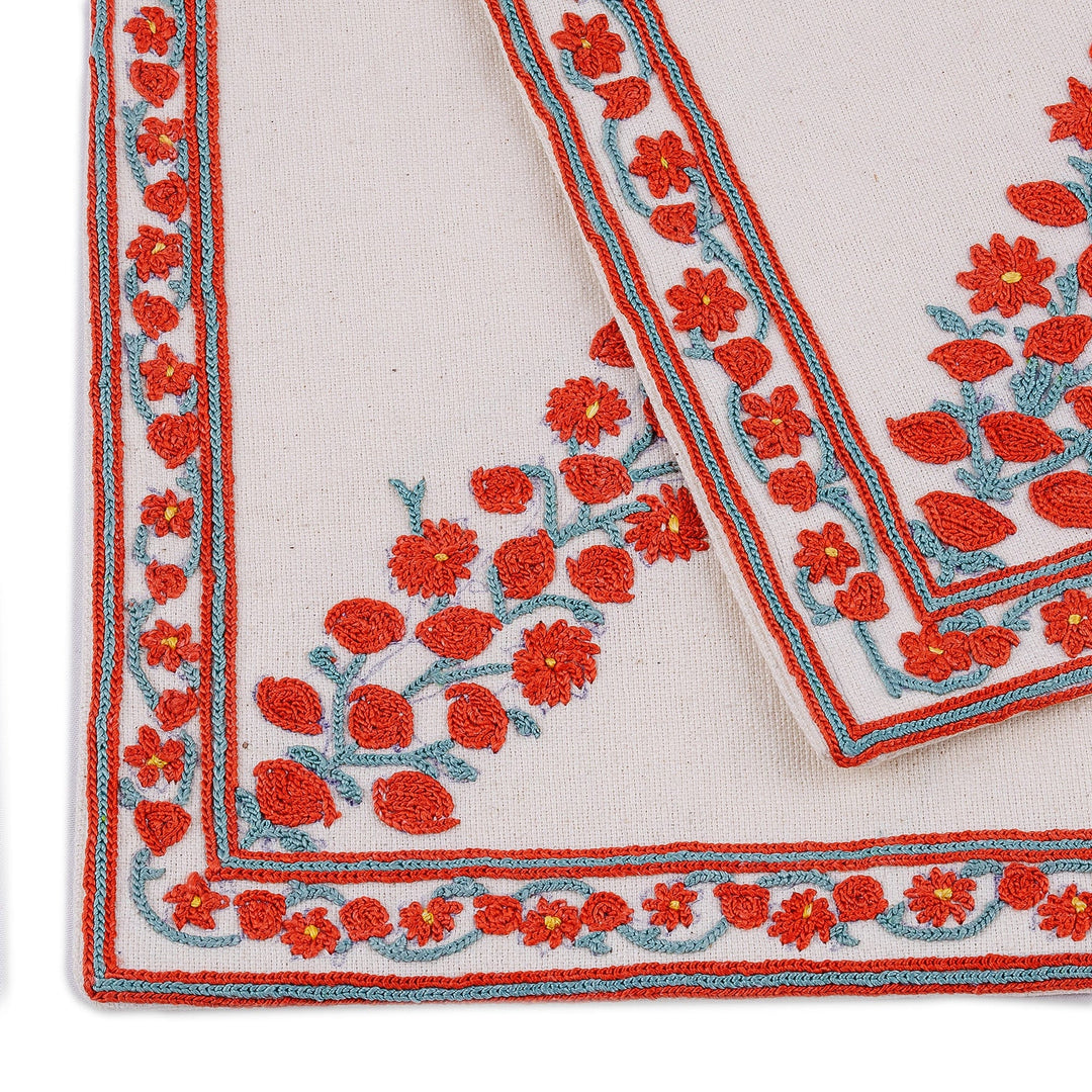 Set of 2 Embroidered Cotton Napkins with Red Floral Pattern - Spring of Romance